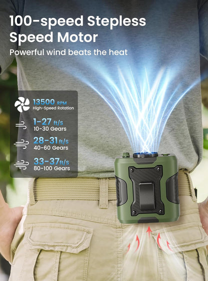 Koonie Waist Clip-on Fan for Shirt, 100 Levels of Speeds, 24H Work Time | Portable Wearable Belt Personal Cooling Fan, Rechargeable Battery, Under-shirt Fan for Outdoor Work, Travel