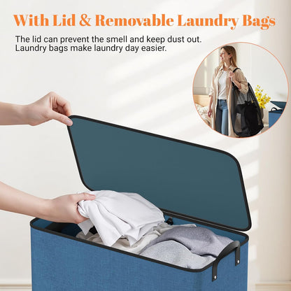 Large Double Laundry Hamper with Lid, Removable Bags & Reinforced Handles, 2 Section Tall Laundry Basket, Dirty Clothes Hampers for Laundry Room, Bedroom, Bathroom, Dorm, 136L, Gray