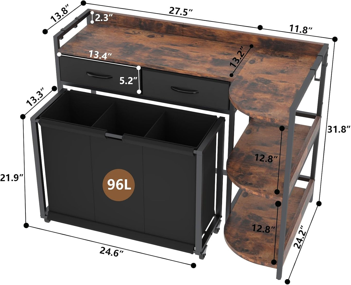 STIKELY Laundry Hamper Laundry Basket with 3 Section Pull-Out Rolling Bags, Laundry Sorter for Organization and Storage with 2 Pull-Out Drawers for Laundry Room, Bathroom, Bedroom Use (Rustic Brown)