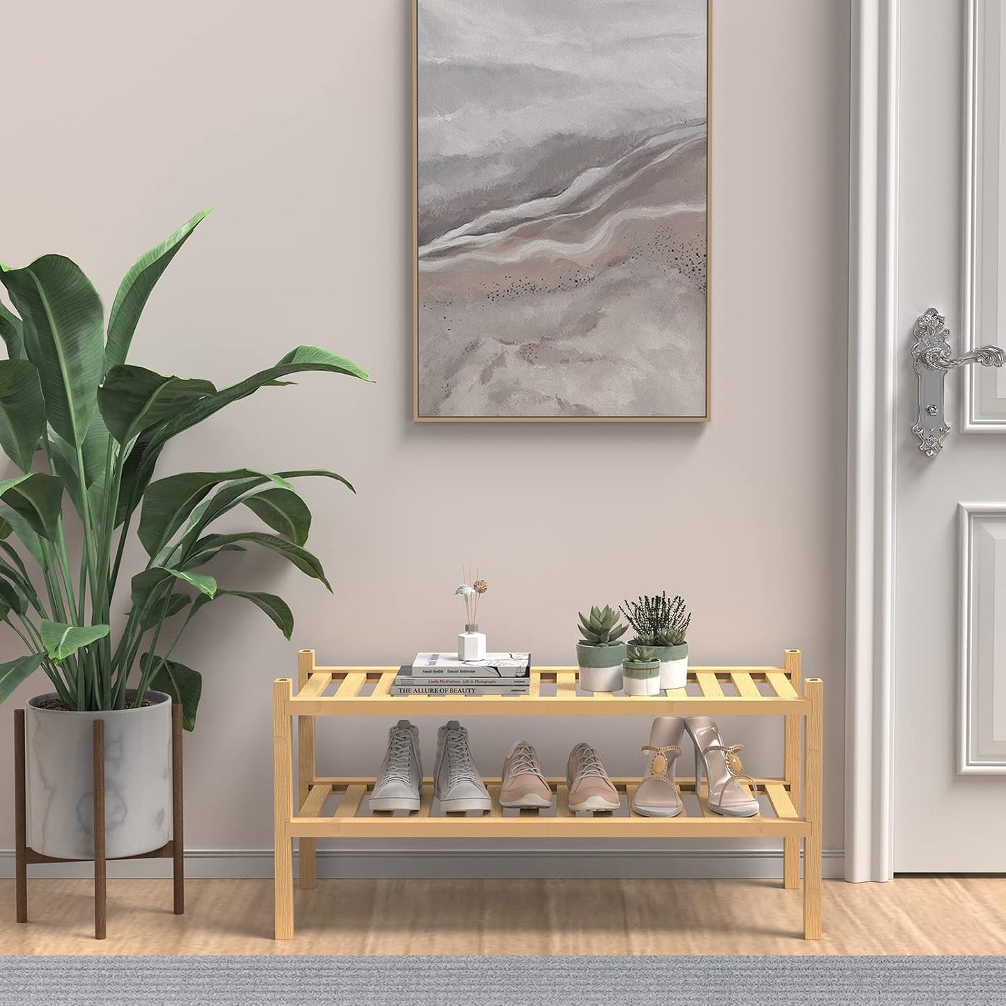 ROMGUAR CRAFT 3 Tier Bamboo Shoe Rack for Closet Free Standing Wood Shoe Shelf Storage Organizer for Entryway Small Space Stackable 27"x11"x20" (Natural)