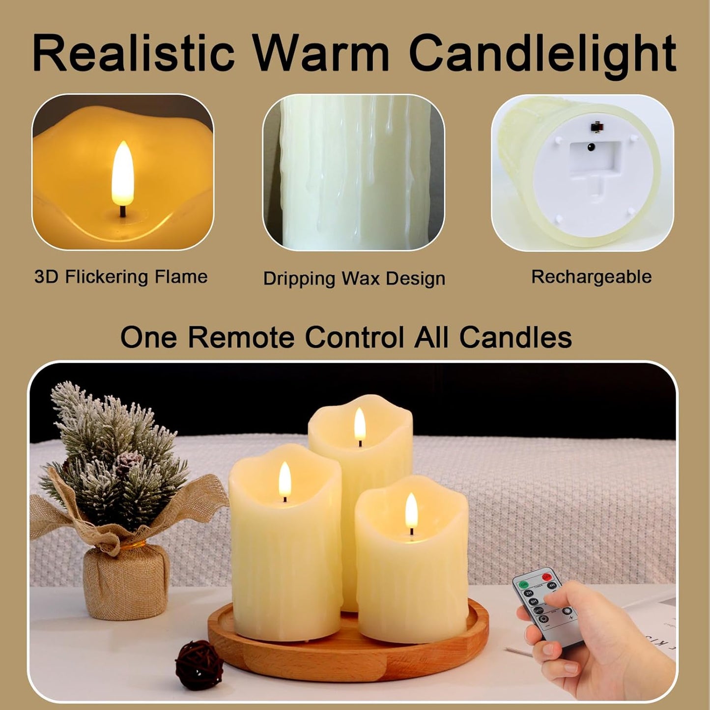Flameless Candles Battery Operated with Remote Timer, 3D Flame Flickering, Last 500+ Hours Battery Candles, Ivory Real Wax LED Pillar Candle for Wedding Home Christmas Decorations, Set of 3
