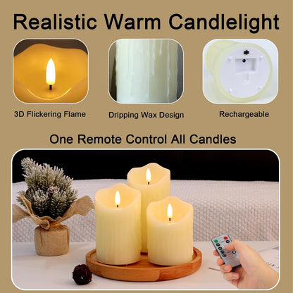 Flameless Candles Battery Operated with Remote Timer, 3D Flame Flickering, Last 500+ Hours Battery Candles, Ivory Real Wax LED Pillar Candle for Wedding Home Christmas Decorations, Set of 3