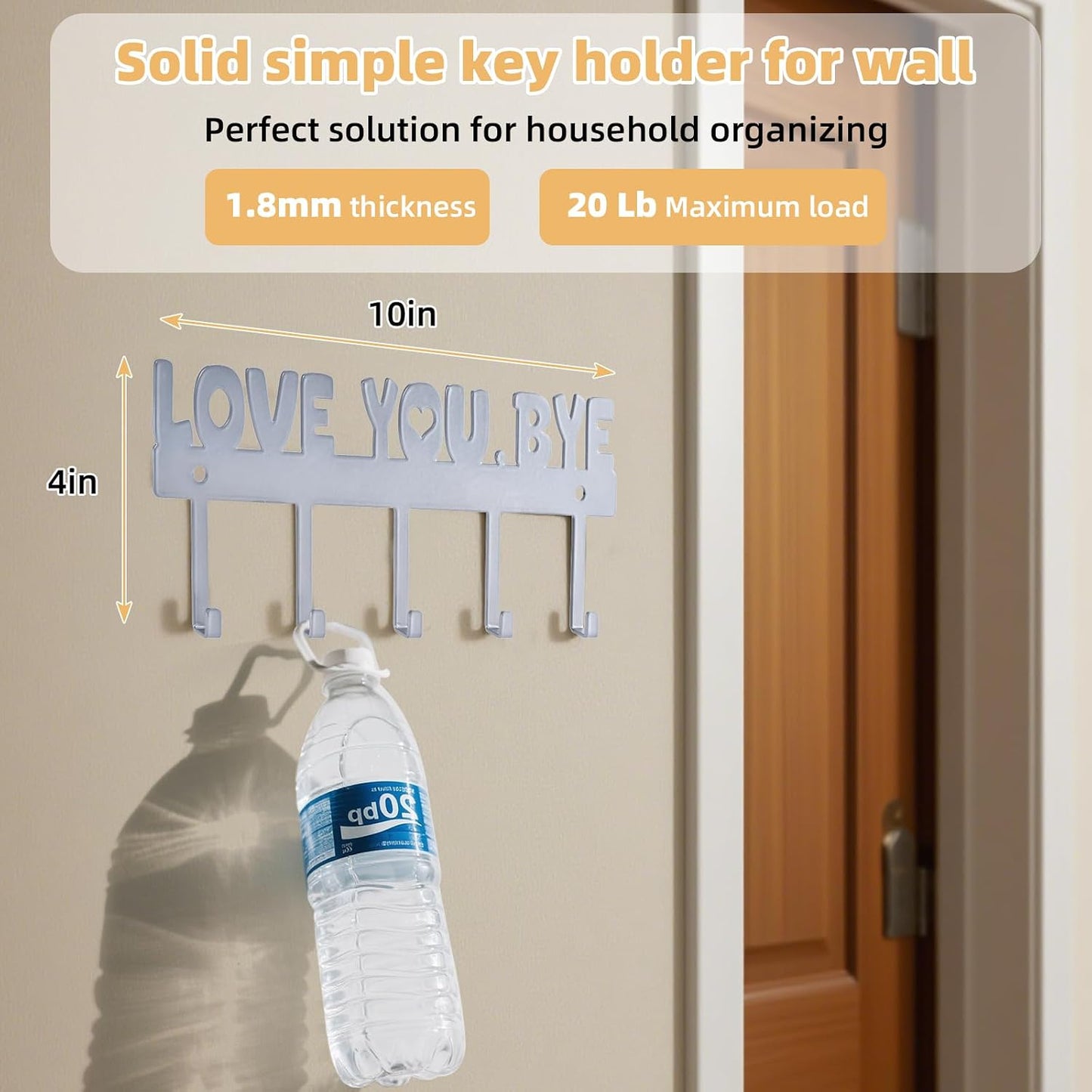 Key Holder Wall Mount, No Drill Adhesive, Black, 5 Hooks | 'Love You.Bye' Entryway Organizer, Metal, 10x4 Inch, Screws Installation