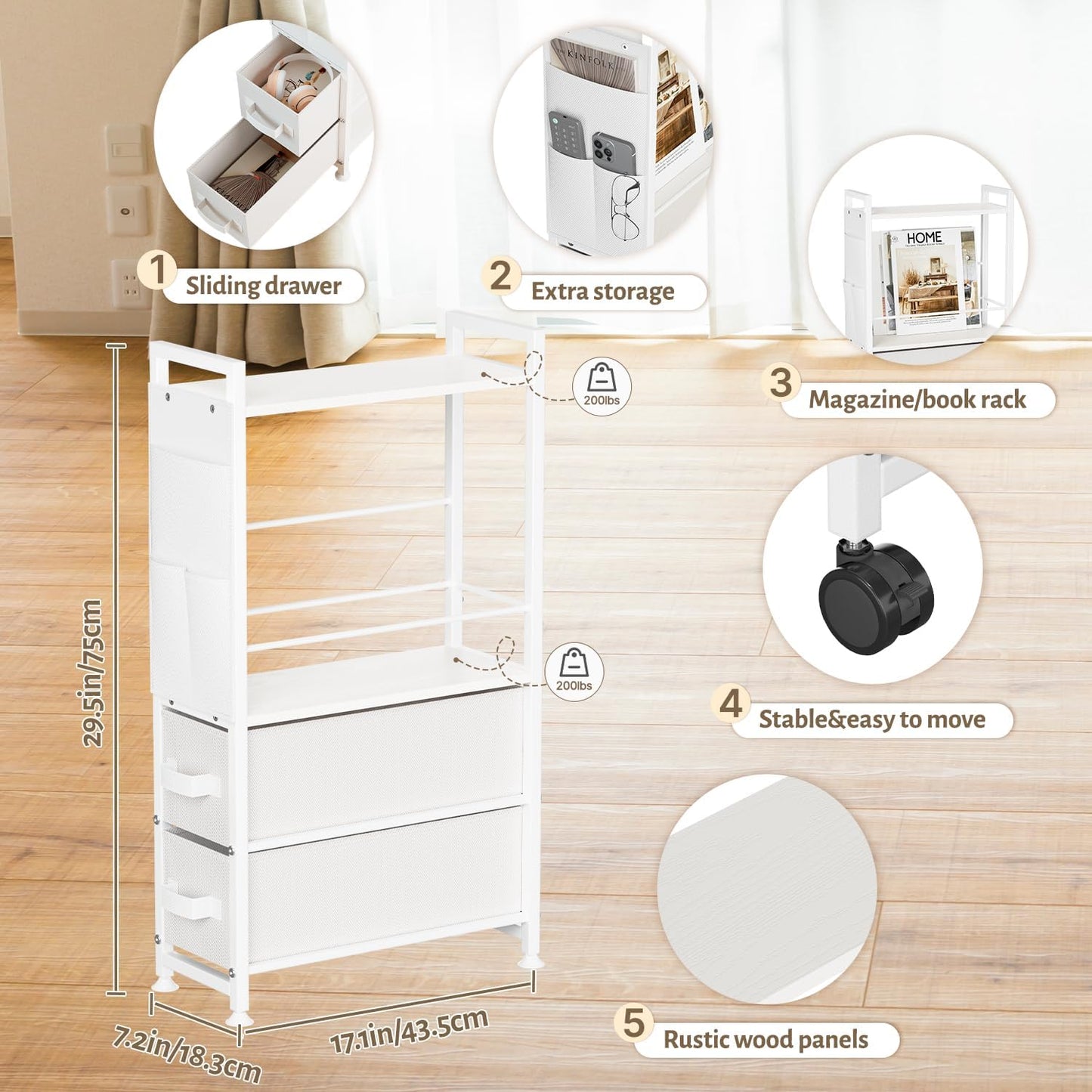 Oppro Small Narrow Side End Table, 2 Drawer Slim Nightstand Bedside Sofa Table with Wheels, Space Saving Rolling Skinny Thin Desk with Storage Bag for Bedroom Living Room Couch Bathroom Dorm