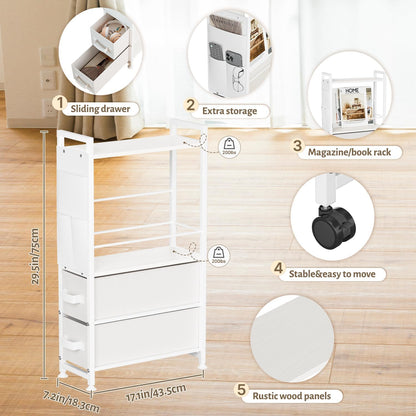Oppro Small Narrow Side End Table, 2 Drawer Slim Nightstand Bedside Sofa Table with Wheels, Space Saving Rolling Skinny Thin Desk with Storage Bag for Bedroom Living Room Couch Bathroom Dorm