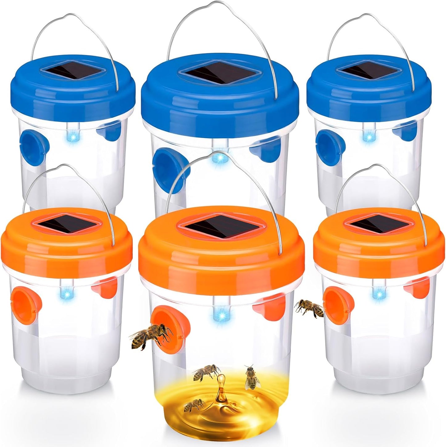 Wasp Trap Solar Powered Bee Trap Reusable Fly Traps Outdoor Hanging Wasp Killer with UV LED Light Flying Insects Bee Killer for Indoor Outside Patio Garden Home (6, Yellow)