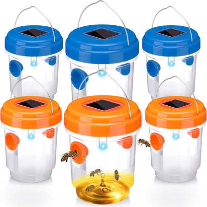 Wasp Trap Solar Powered Bee Trap Reusable Fly Traps Outdoor Hanging Wasp Killer with UV LED Light Flying Insects Bee Killer for Indoor Outside Patio Garden Home (6, Yellow)