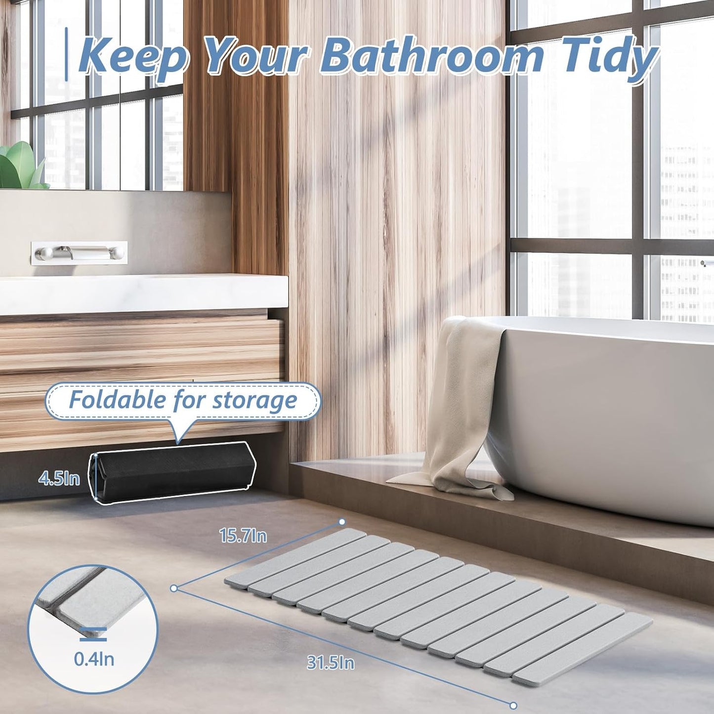 AWW Foldable Stone Bath Mat, Quick Dry Diatomaceous Earth Bath Mat with Non-Slip Mat, Super Absorbent, Easy to Clean, Compact for Small Bathrooms, 23.6 x 15.5, Grey
