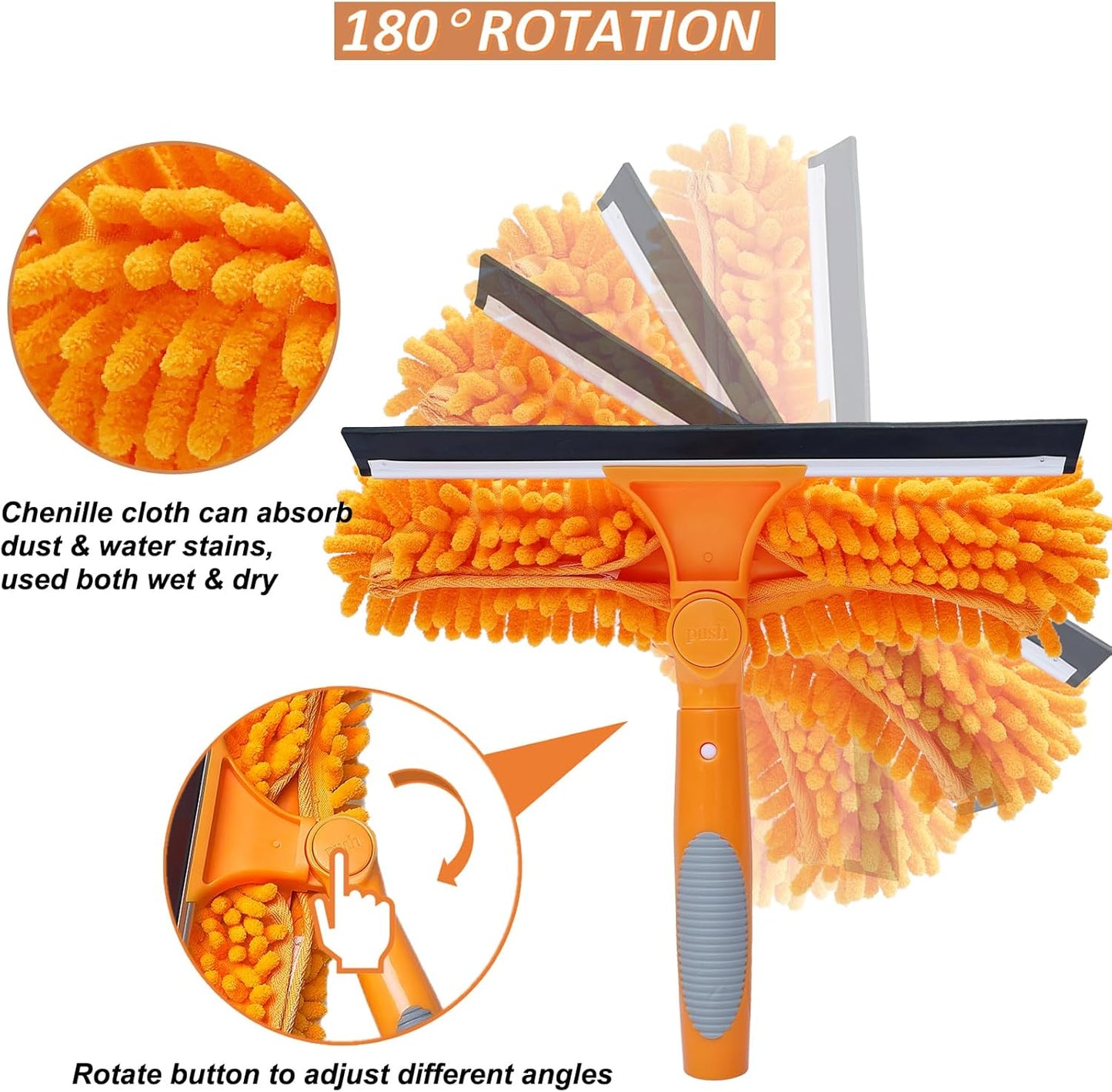 2 in 1 Window Washing Squeegee & Duster with 2 Pad Compatible with Standard 3/4 Inch Threaded Poles for Home Indoor Outdoor Window Washing/Duster Head Only (Orange)