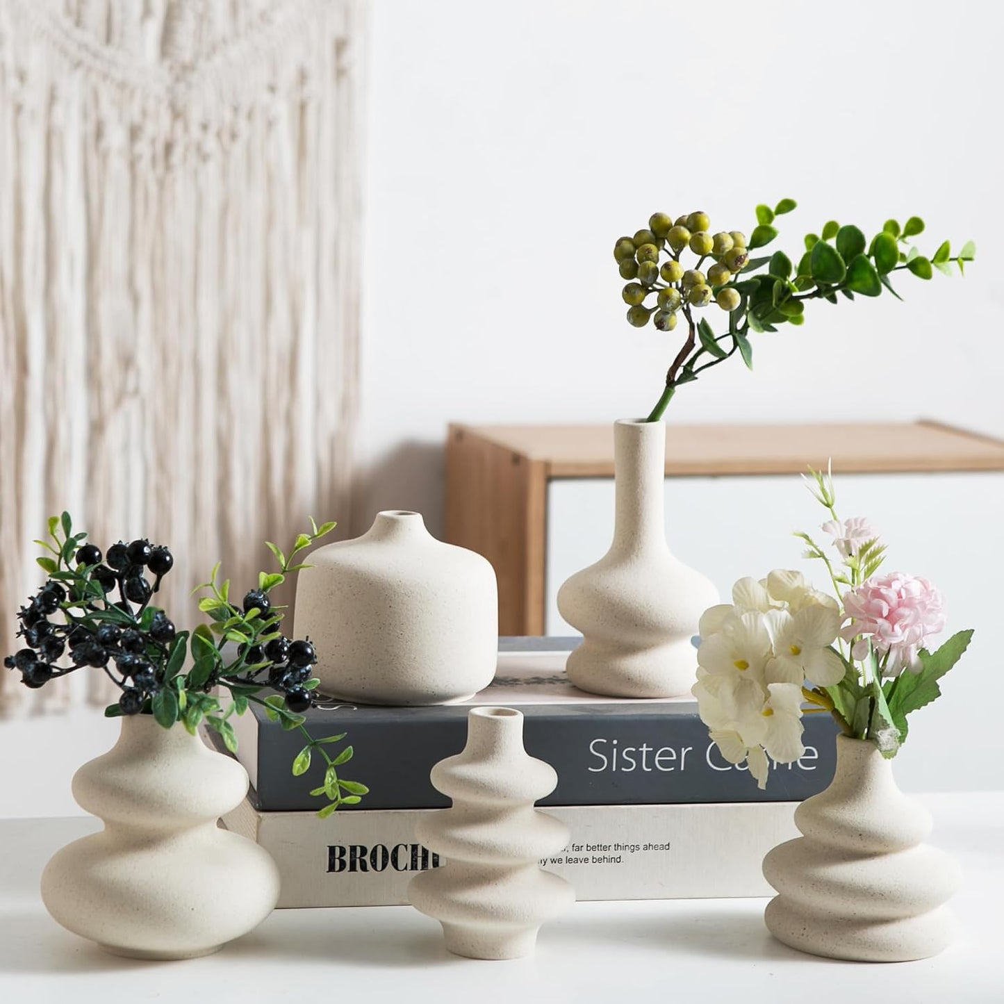 Small White Ceramic Vases Set of 5, Mini Decorative Boho Vases for Flower, Wedding & Home Decor