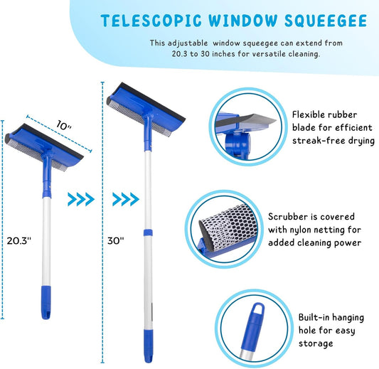 Window Squeegee for Home, Car Windshield Cleaner Tool with Extension Pole 20''-30'', Glass Door and Mirror Washer for Shower Cleaning