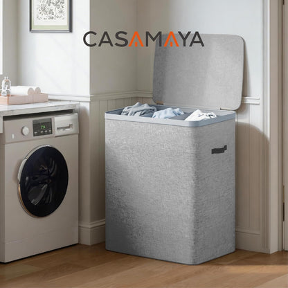 CASAMAYA Laundry Basket with Lid, Laundry Hamper 3 Section, 190L collapsible Laundry Organizer, Easy Assembly, with Handles and Removable Liners, 25.2 x 15.7 x 29.5 Inches, Beige JSP904M