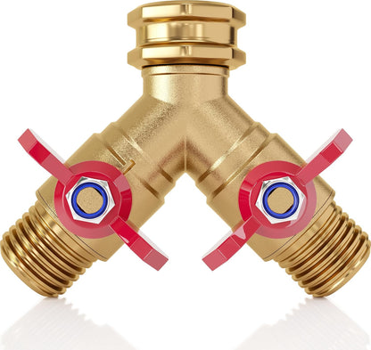 DBR Tech® Garden Hose Splitter 2 Way | Full Flow & Heavy Duty Leak-Proof Brass Water Divider with Dual Shut-Off Valves, Y (Wye) Connector for Outdoor Faucets, Spigots, Lawn & RV | Industrial-Grade