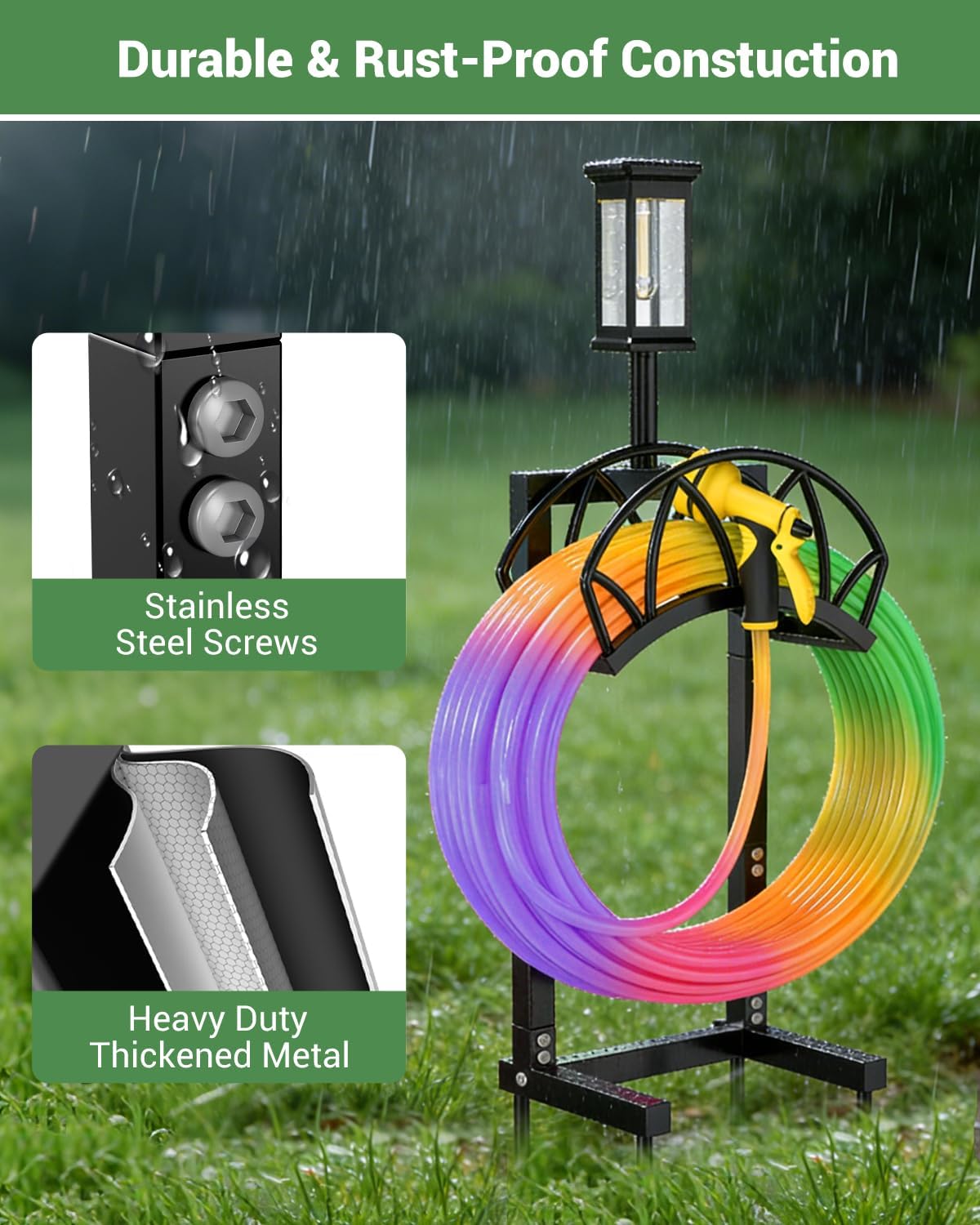 HZE Garden Hose Holder, Freestanding Water Hose Reel Stand for Outside, Heavy Duty Detachable Metal Storage Rack Holds 160 FT for Yard Lawn Farm, Black