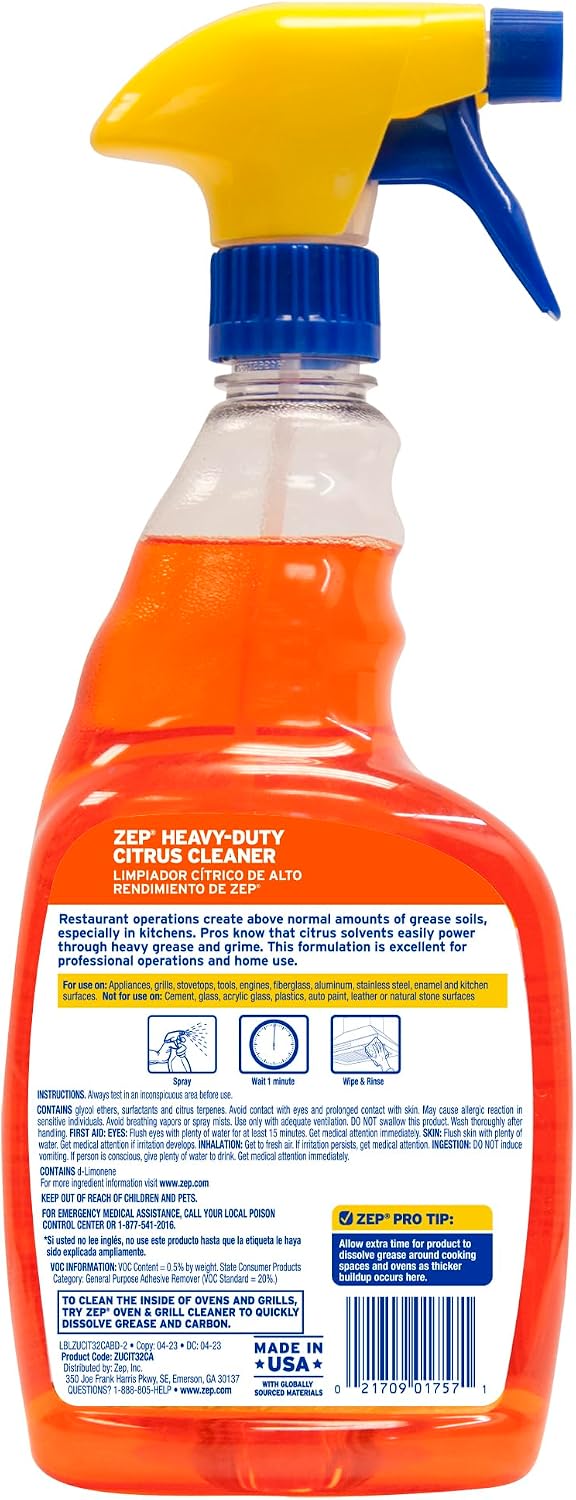Zep Heavy-Duty Citrus Degreaser and Cleaner - 24 oz (Case of 2) ECZUCIT242 - Restaurant Grade, Removes Oil, Grease, Adhesive, and Kitchen Soil on Stovetops, Appliances