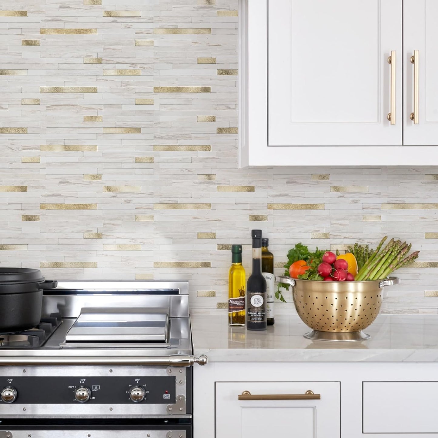 STICKGOO 20 Sheets Peel and Stick Backsplash Tile, Stick on Backsplash for Kitchen and Bathroom, White Sandstone Look PVC Mixed Metal Gold Self Adhesive Wall Tiles