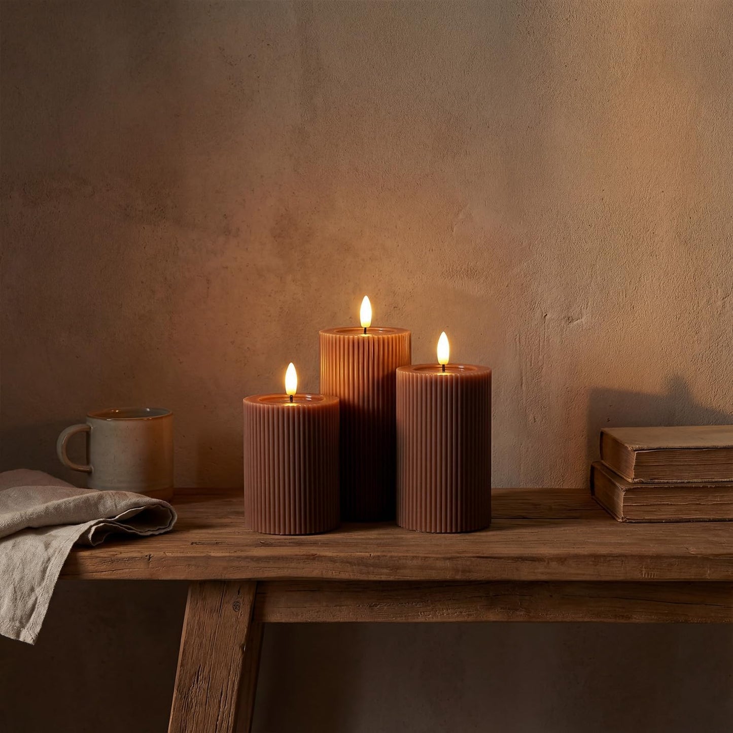 Fluted Ribbed LED Pillar Candles, Cream Beige, with Realistic Reflective Melted-Wax Effect – Flickering Flame, Remote, Dimmable, Flameless, Battery Operated, Home & Wedding Decor (Set of 3)