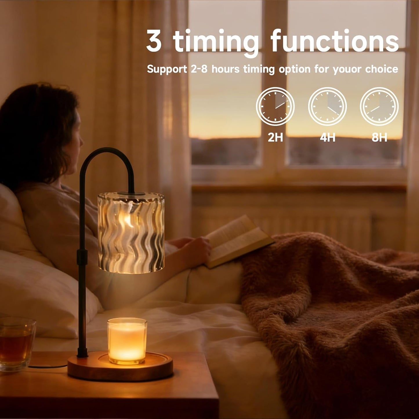 Candle Warmer Lamp with Timer, Dimmer, Vintage Glass Shade | Adjustable height, 2/4/8-hour timer, wood base, 2 bulbs included