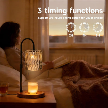 Candle Warmer Lamp with Timer, Dimmer, Vintage Glass Shade | Adjustable height, 2/4/8-hour timer, wood base, 2 bulbs included