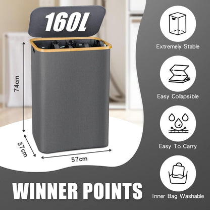 Hampers for Laundry Basket with Lid, 160L Extra Large 3 Section Clothes Divided Organizer for Bedroom, Laundry Room, Dirty Clothing Hamper, Black