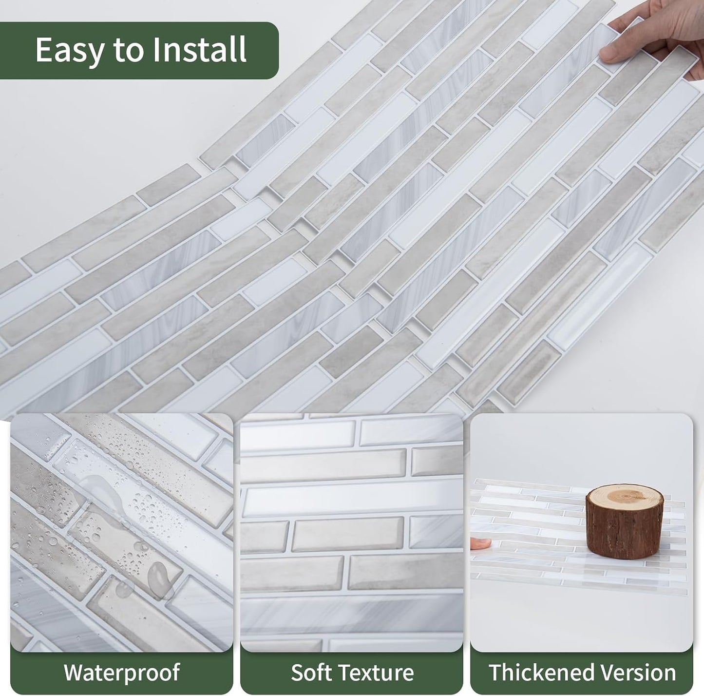 LONGKING 10-Sheet Extra Thick Peel and Stick Backsplash Tiles, Waterproof Kitchen Backsplash Peel and Stick Tile, Self-Adhesive Backsplash for Kitchen, Beige & White