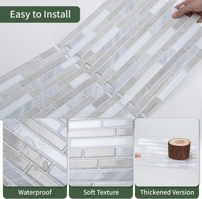LONGKING 10-Sheet Extra Thick Peel and Stick Backsplash Tiles, Waterproof Kitchen Backsplash Peel and Stick Tile, Self-Adhesive Backsplash for Kitchen, Beige & White