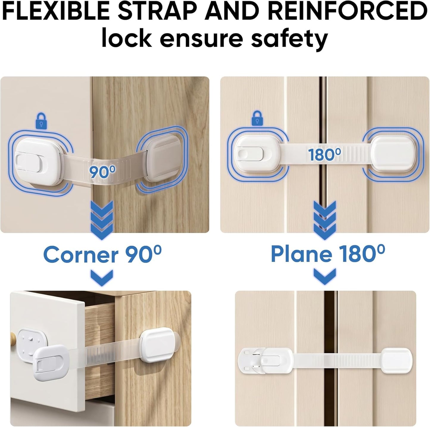 6 pcs Multi-Use Adhesive Straps Locks No tools and drilling - Childproofing Baby Proofing Cabinet Latches for Drawers, Doors, Toilet Seat, Dishwasher, Cupboard, Fridge, Oven,Trash Can