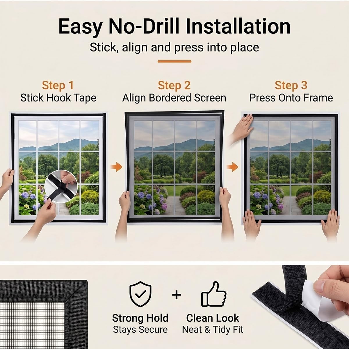 Self-Adhesive Window Screen Replacement, No-Drill Fiberglass Window Screen Mesh, Washable & Removable Mosquito Bug Net with Hook & Loop Tape, Replacement Screens for Windows(Black,20x20in) - Colors D