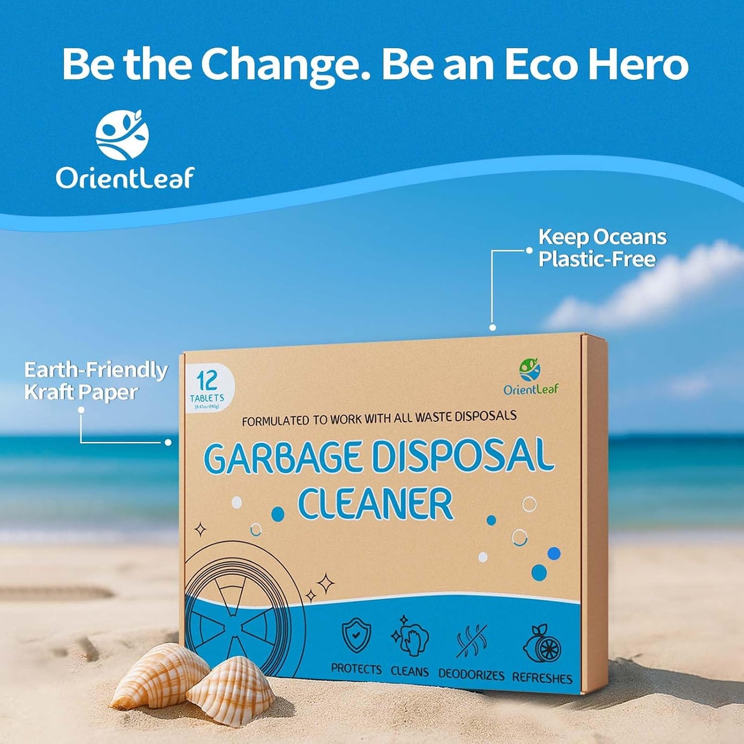 ORIENTLEAF Garbage Disposal Cleaner and Deodorizer Tablets 20g 1 Year Supply Sink Cleaner, Prevents Odors, Natural Kitchen Drain Cleaning Care 12 Pack