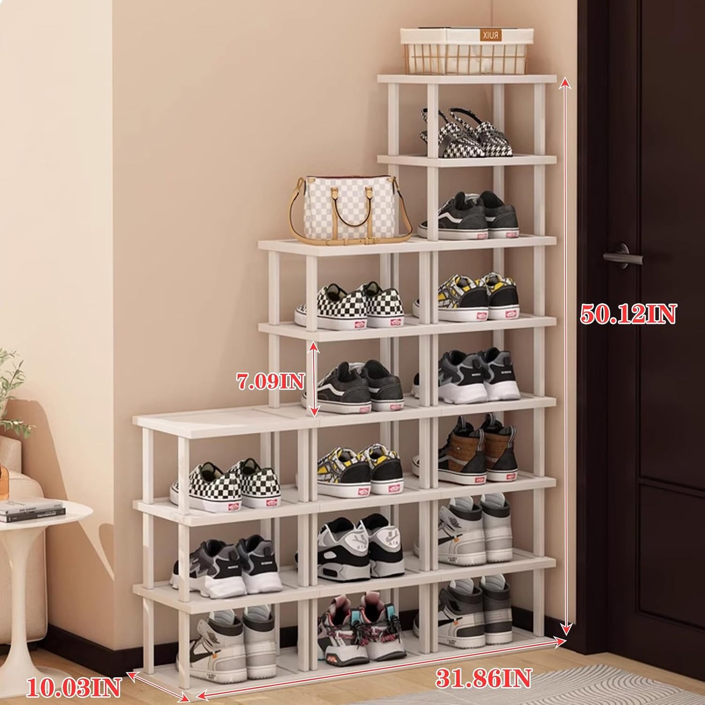 SAN HE 7-Tier Modern Bamboo Shoe Rack - Vertical, Slim, Space-Saving Shoe Organizer for Small Spaces, Closet, Entryway, Corner, Garage, Bedroom