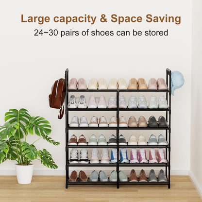 3 Row 4 Tier Long Shoe Rack, Black Metal Stackable Shoe Shelf with Multifunctional Hooks, Shoe Storage Hold 24-30 Pairs, Space Saving Shoe Organizer for Closet,Wide Shoe Rack