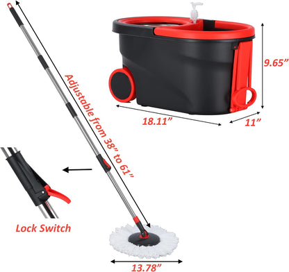 Spin Mop and Bucket with Wringer Set, 360° Spinning Mop Bucket System with 3 Microfiber Mop Replacement Heads and 61" Stainless Steel Adjustable Handle for Floor Cleaning