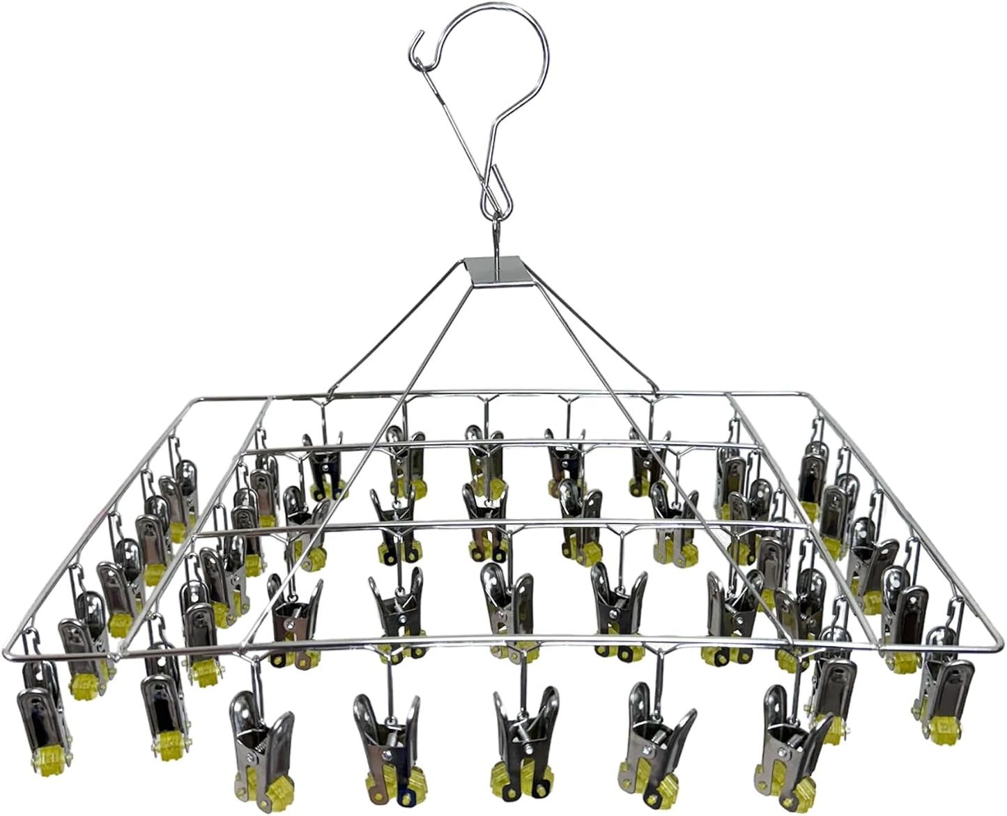 Quick Release Stainless Steel Laundry Drying Rack with Clips, Swivel Hook Wind-Proof Clothes Hanger Rack for Sock, Bras, Underwear, Laundry (Rectangle 30 Clips)