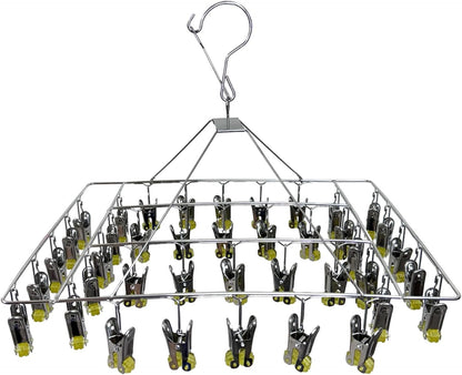 Quick Release Stainless Steel Laundry Drying Rack with Clips, Swivel Hook Wind-Proof Clothes Hanger Rack for Sock, Bras, Underwear, Laundry (Rectangle 30 Clips)