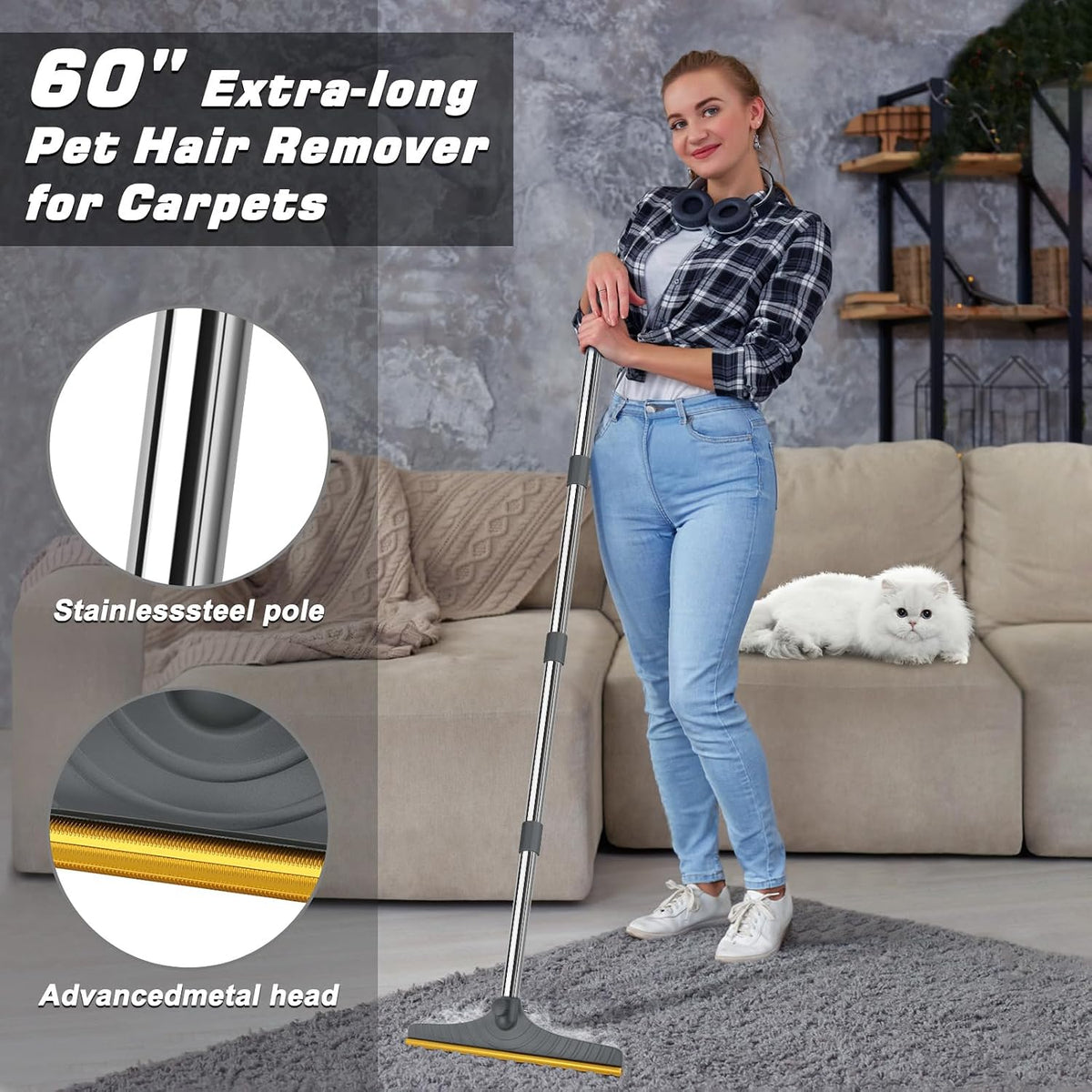 B-Land Carpet Rake for Pet Hair Removal, Reusable Pet Hair Remover with 60” Adjustable Long Handle, Carpet Scraper Broom Dog Cat Hair Remover Tool Fur Sweeper for Rugs, Mats
