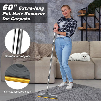 B-Land Carpet Rake for Pet Hair Removal, Reusable Pet Hair Remover with 60” Adjustable Long Handle, Carpet Scraper Broom Dog Cat Hair Remover Tool Fur Sweeper for Rugs, Mats