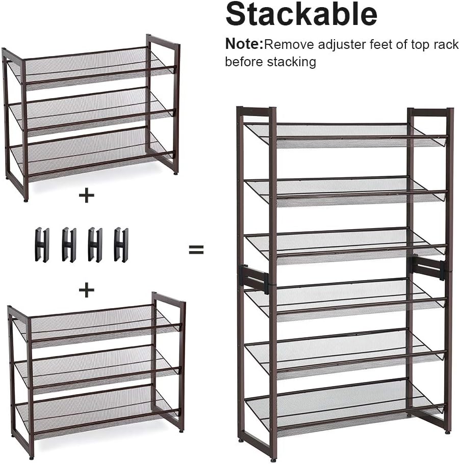 SONGMICS Shoe Rack, 12-Tier Shoe Organizer, Metal Shoe Storage for Garage, Entryway, Set of 2 6-Tier Stackable Shoe Shelf, with Adjustable Flat or Angled Shelves, Holds 48-60 Pairs, Black ULMR12B