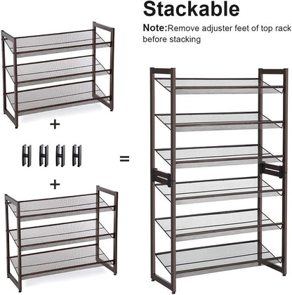 SONGMICS Shoe Rack, 12-Tier Shoe Organizer, Metal Shoe Storage for Garage, Entryway, Set of 2 6-Tier Stackable Shoe Shelf, with Adjustable Flat or Angled Shelves, Holds 48-60 Pairs, Black ULMR12B