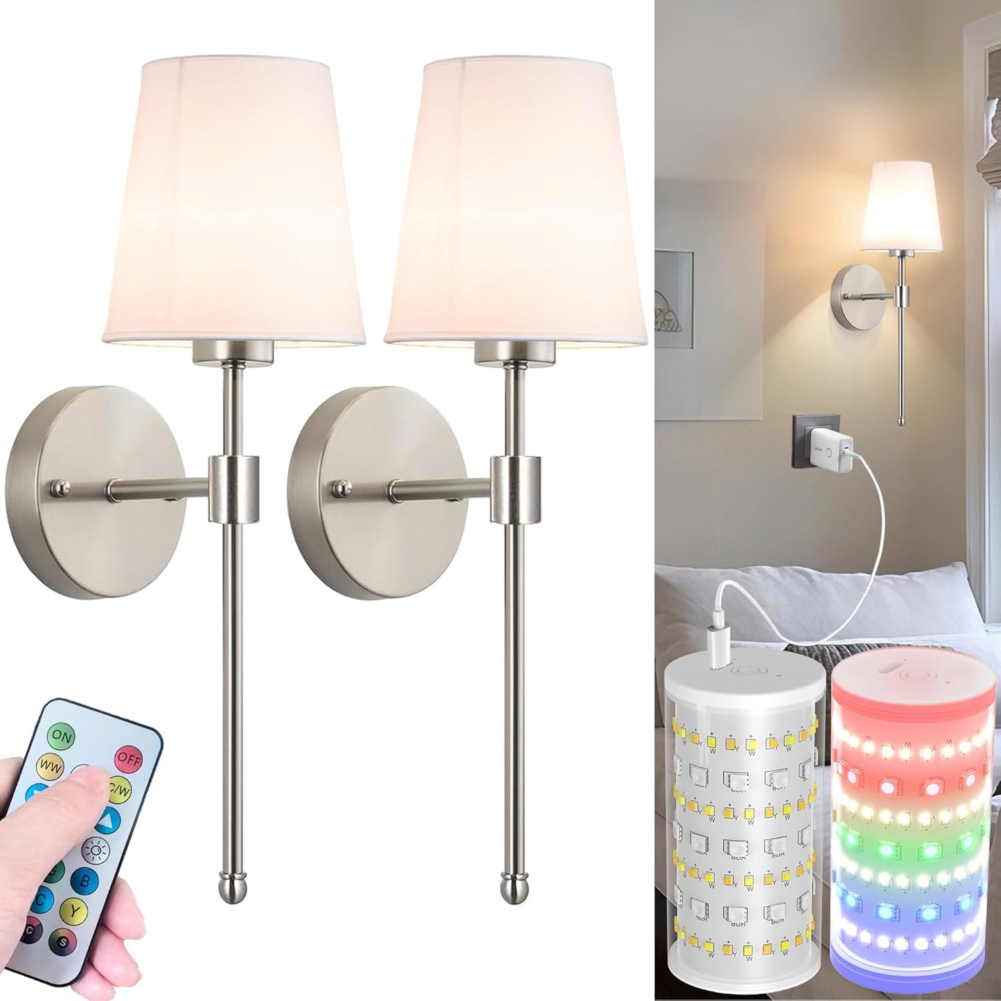Nekhung Battery Operated Wall Sconces Set of Two, Wireless Battery Wall Light with 10000mAh RGB Dimmable Magnetic Bulb and Remote, Rechargeable Sconce Wall Decor for Bedroom Living Room Hallway