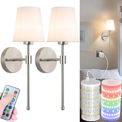Nekhung Battery Operated Wall Sconces Set of Two, Wireless Battery Wall Light with 10000mAh RGB Dimmable Magnetic Bulb and Remote, Rechargeable Sconce Wall Decor for Bedroom Living Room Hallway