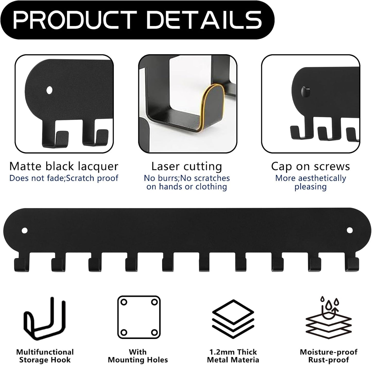 2 Pack Key Holder for Wall,Key Hooks with 10 Hooks,Key Holder Wall Mount Self Adhesive, Key Rack for Wall No Drill for Living Room, Kitchen, Bathroom, Garage (Black)