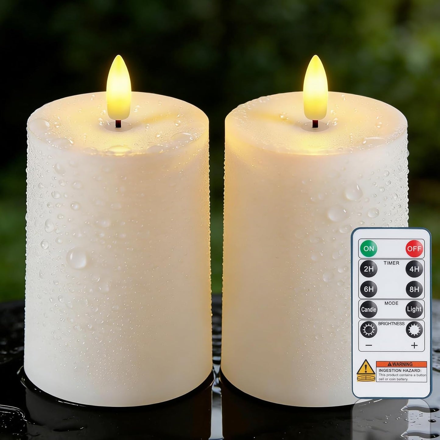 Raycare 3"x2.5" White Outdoor Waterproof Flameless Candles with Remote and Timer, Realistic LED Candles, Battery Operated Electric Fake Pillar Candles for Porch, Patio, Garden, Set of 2