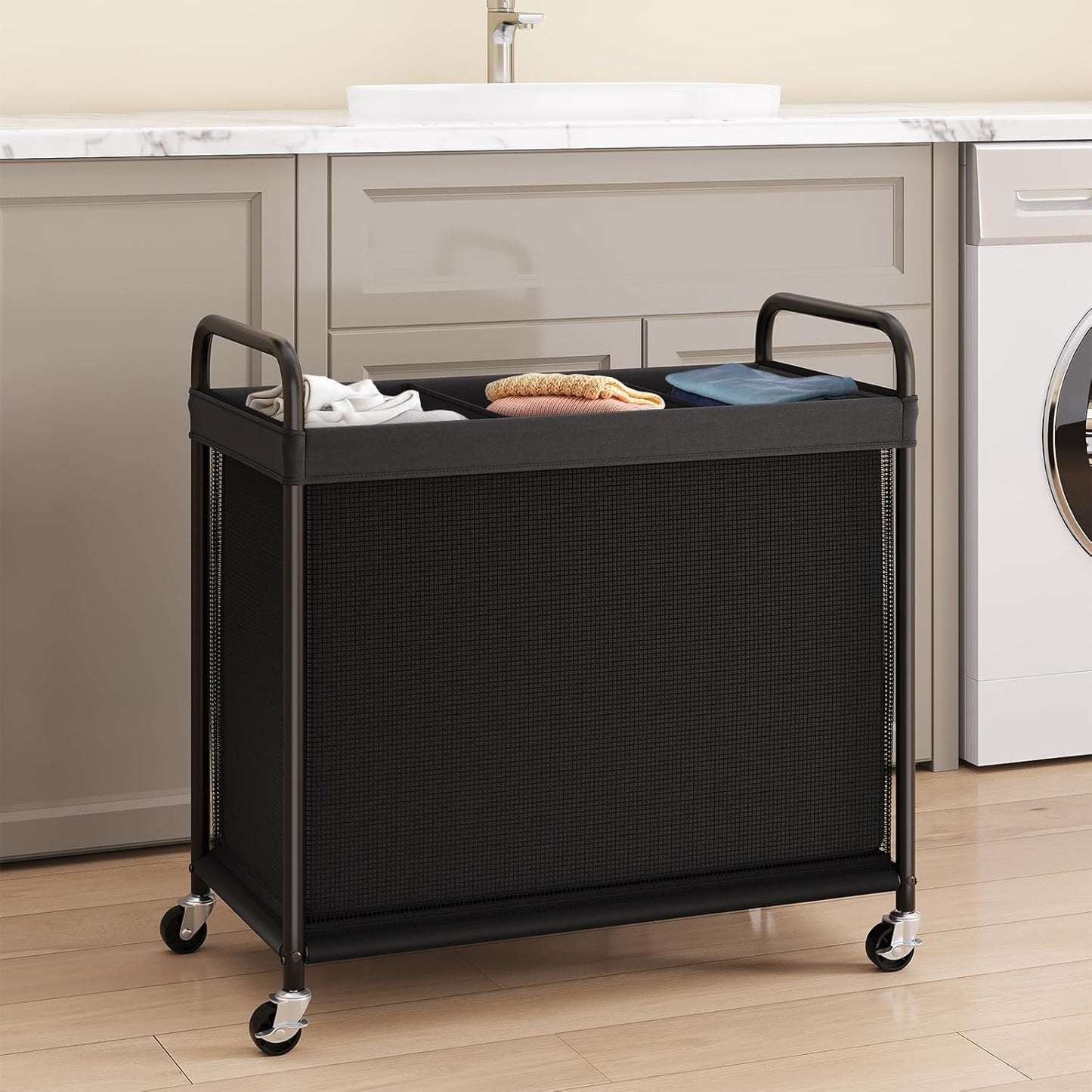 ELYKEN Laundry Hamper 3 Section, 120L Rolling Laundry Sorter with Removable Liner Bag, Laundry Basket with Wheels, Steel Frame with Metal Handle, Clothes Hamper Cart for Laundry Room & Bedroom