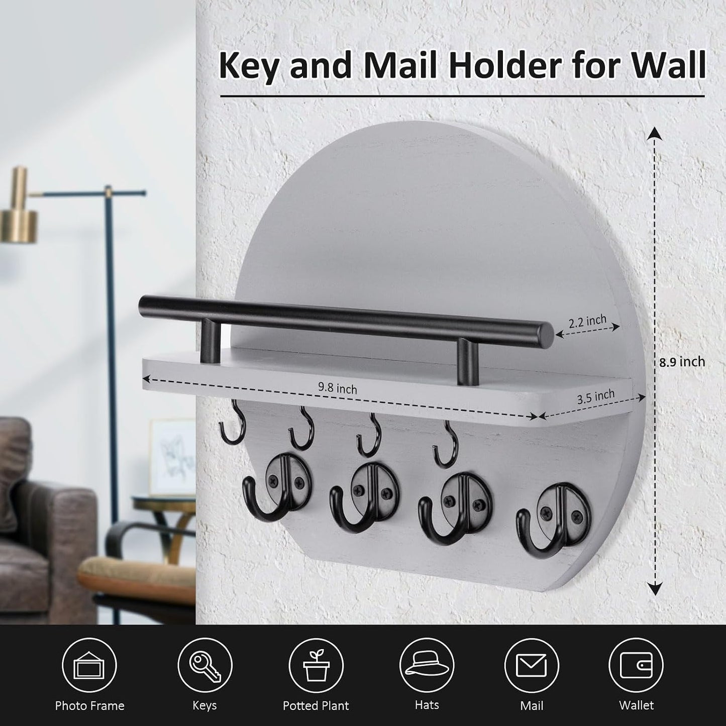 Nekon Key Holder for Wall - 9.8 Inch Apartment Wall Decor with Shelf and 8 Key Hooks, Circular Wood Key Hanger for Home Decor (Black with Golden Hooks)