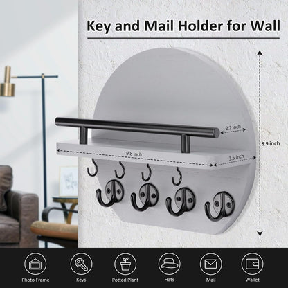 Nekon Key Holder for Wall - 9.8 Inch Apartment Wall Decor with Shelf and 8 Key Hooks, Circular Wood Key Hanger for Home Decor (Black with Golden Hooks)