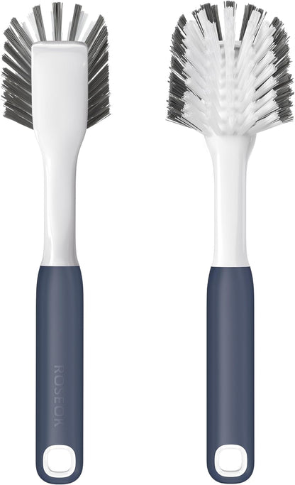 ROSEOK Dish Brush with Built-in Scraper,Kitchen Scrub Brush for Cleaning Dishes,Pots,Non-Stick Pans and Sinks,Navy Blue,2 Pack