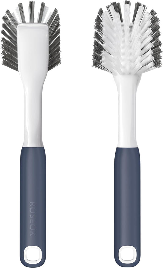 ROSEOK Dish Brush with Built-in Scraper,Kitchen Scrub Brush for Cleaning Dishes,Pots,Non-Stick Pans and Sinks,Navy Blue,2 Pack