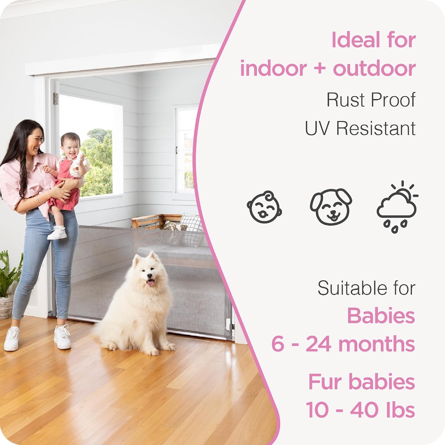 Retractable Baby Gate Perma Child Safety 33" Tall x 55” Wide, Mesh, for Stairs, Doorways, Dogs, Pets, Indoor, Outdoor, One-Handed Operation, Locking, Easy Install, Hardware Mount, White