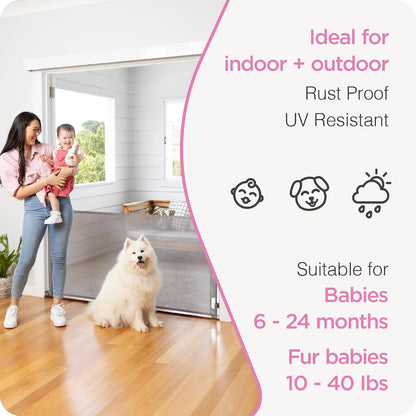 Retractable Baby Gate Perma Child Safety 33" Tall x 55” Wide, Mesh, for Stairs, Doorways, Dogs, Pets, Indoor, Outdoor, One-Handed Operation, Locking, Easy Install, Hardware Mount, White