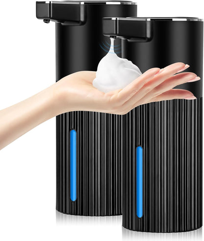 2 Pack Automatic Soap Dispenser: 14oz Plastic - Foaming Touchless 4 Level Adjustable Wall Mount Foam Black Rechargeable Electric Auto Smart Soap Dispenser Set - Bathroom Kitchen Hand Dish Lotion